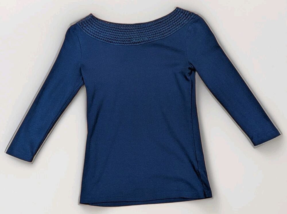 Lauren Ralph Lauren Womens XS Navy Blue Boat Neck Crochet 3/4 Sleeve Top